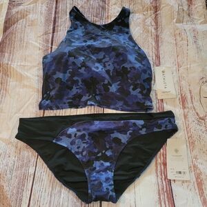 Athleta Conscious Crop Top Freestyle Bottom Blue Camo Bikini Swim Set